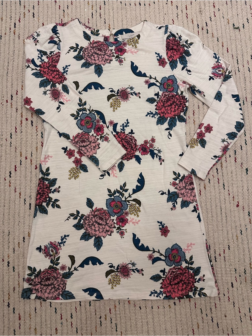 LOFT Floral Knit Dress in Cream with Pink & Blue Blooms